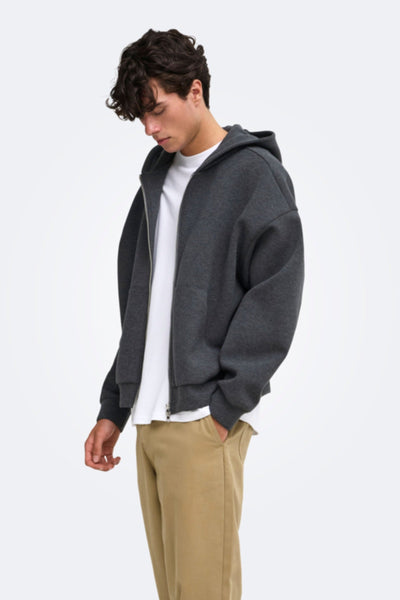 Only & Sons Goyle Boxy Ls Scuba Zip Hoodie Dark Grey Melange
