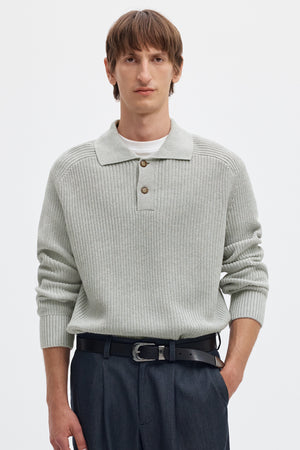 Selected Men Pim Knit Polo Camp Light Grey Melange