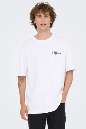 ONLY & SONS Nathan Backprint Relaxed Fit Tee Bright White Delta Drive