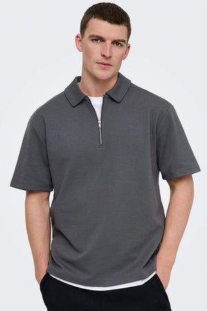Only & Sons New Kodyl Relaxed Fit SS Half Zip Polo Grey Pinstripe