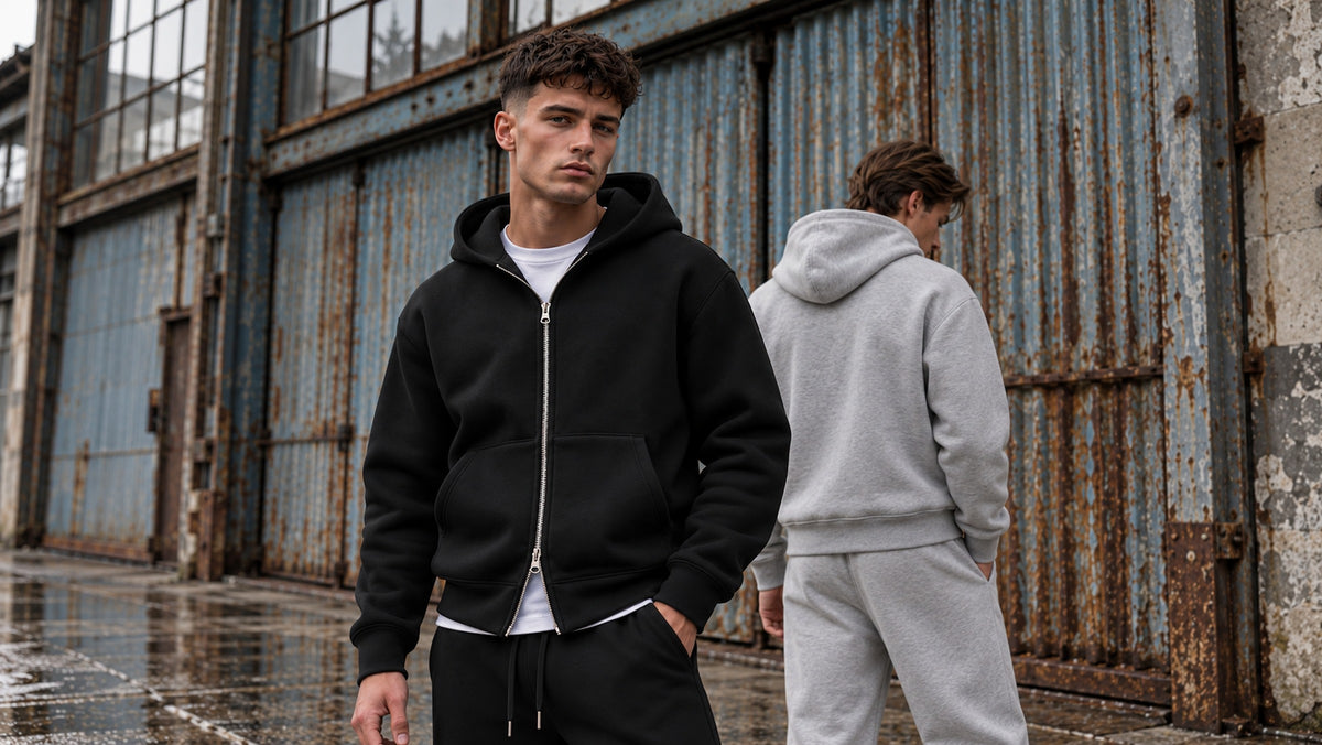 Two men in Jack & Jones Legacy Scuba hoodie and sweatpants in black and light grey